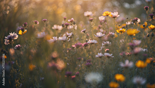 Colorful wildflowers in summer meadow during warm summer evening