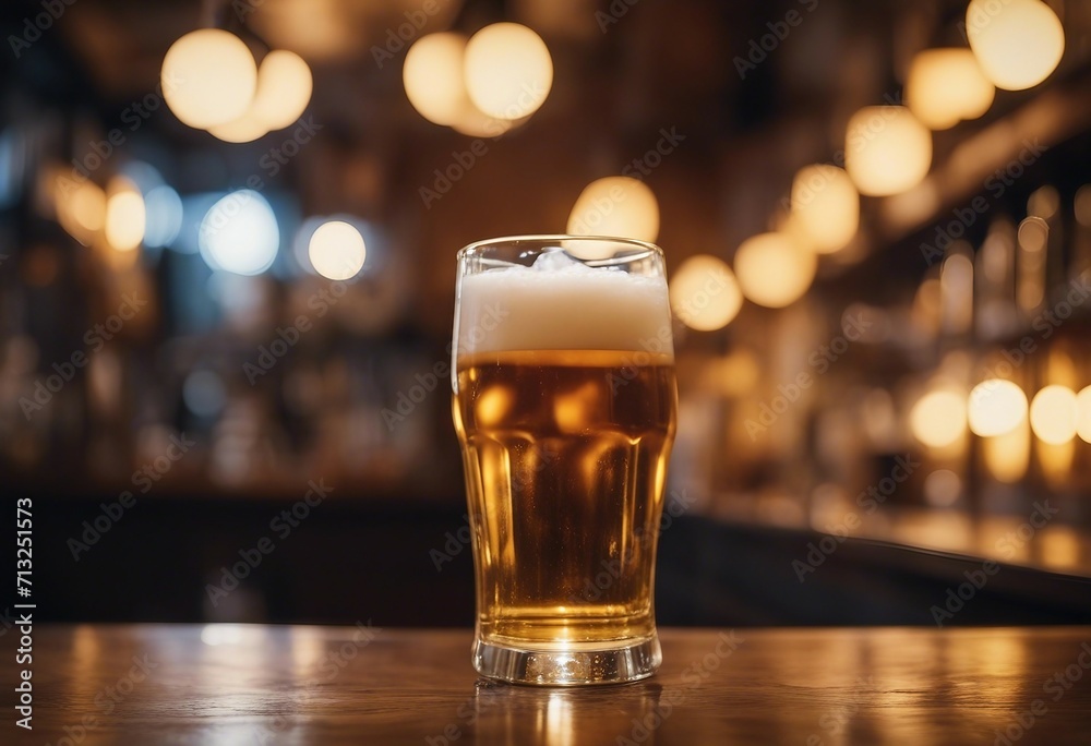 Cold beer pour in glass in pub background