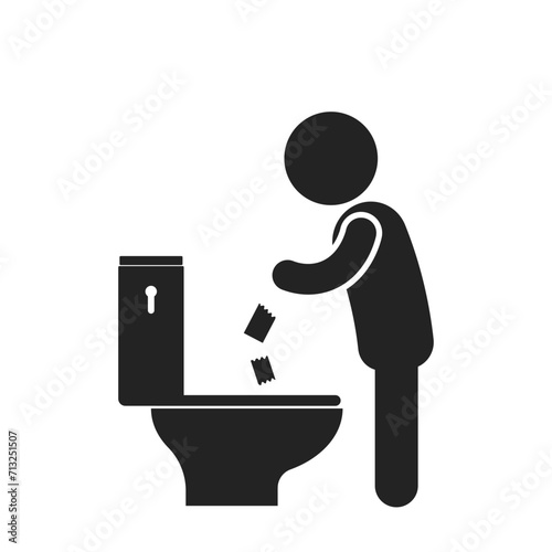 Isolted pictogram icon of man throw waste in to WC, keep toilet clean, fo bathroom restroom sign