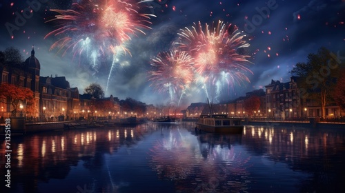 Fireworks Illuminate Night Sky Over Water  A Spectacular Display Happy New Year