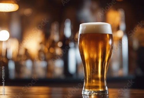 Cold beer pour in glass in pub background