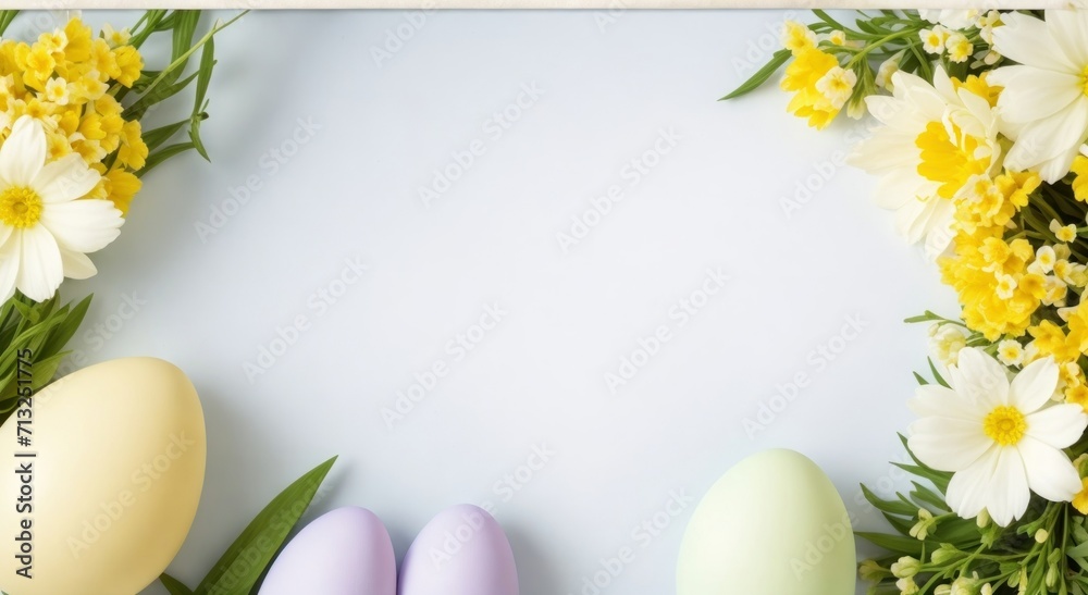 Easter greeting card with eggs and spring flowers. frame background, copy space. Easter card, generative, AI