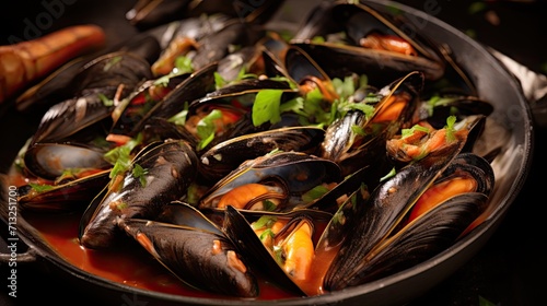 Professional food photography of Mussels in wine sauce