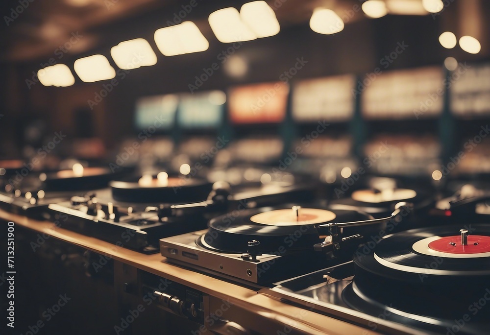 Retro Record Store Rows of Vinyl Records and Turntables from Yesteryears - obrazy, fototapety, plakaty 