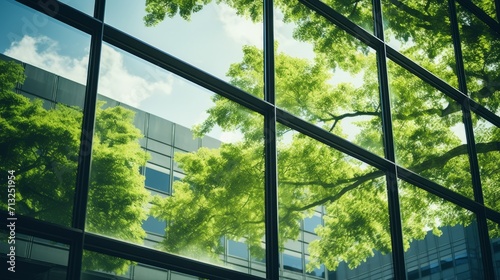 Office window view with reflection of green tree environment