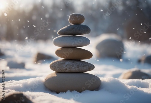 Stone tower in winter Stones Balance Natural stones under the snow Winter yoga