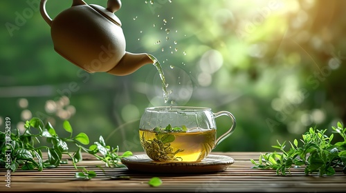 Green tea in the cup, steam rising with empty space as it pours from the kettle, Generative AI.