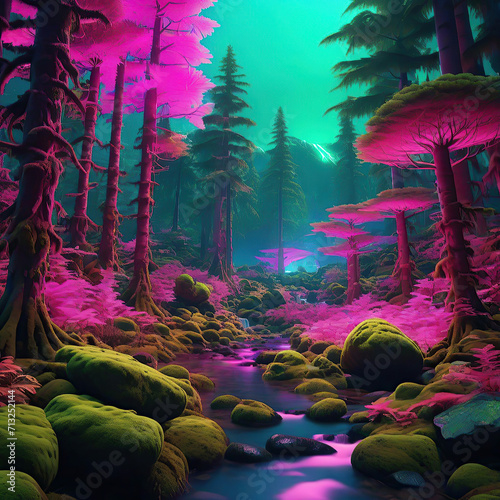 Fantasy forest with a river and trees 3D render