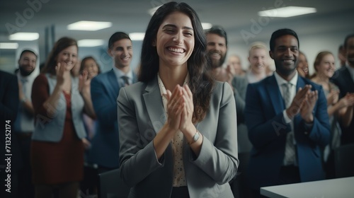 Woman Standing in Front of Group of People Clapping at an Event  Employee Appreciation Day