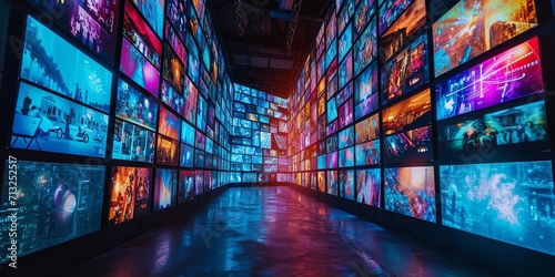 Multimedia video wall featuring images a variety of TV screens, monitor, and backdrop, space, Generative AI. photo