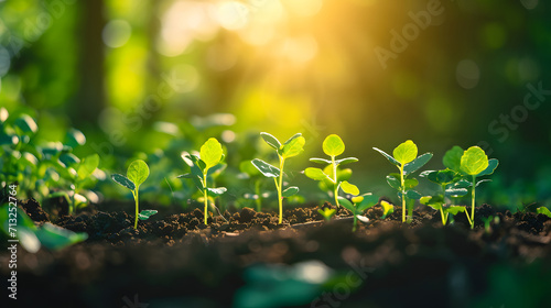 Young sprouts growing in fertile soil. Carrying the energy of a new beginning. The beginning of a new life. Generative AI photo
