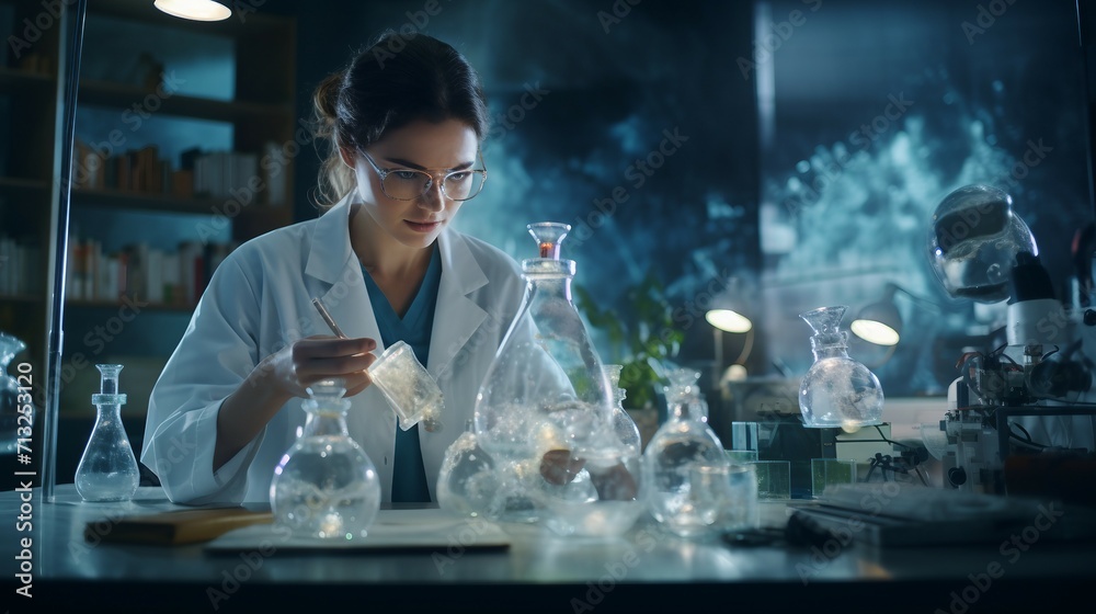 Female Scientist Holding Glass Ball in Lab Coat for Experiments, Women History Day