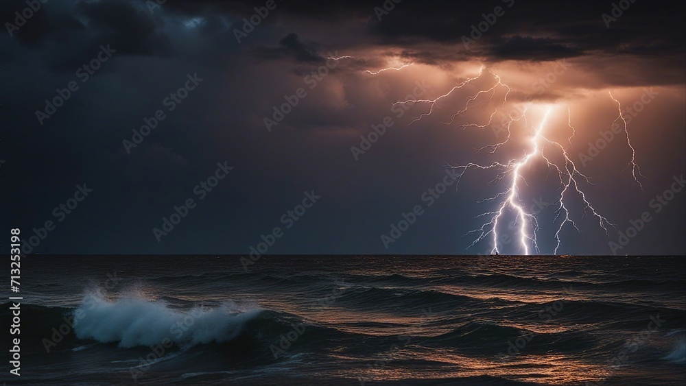 lightning in the sea  A dramatic scene of a lightning storm over the sea at sunset, creating a contrast of light and dark  