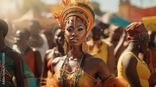 Woman in Colorful Headdress Stands in Front of Group of People  Black Man History