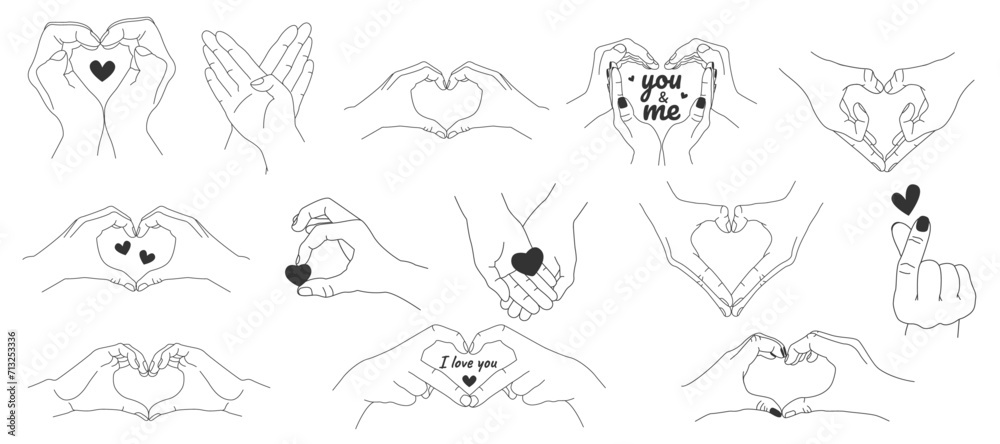 Collection of female and male hands in lines. Vector illustration of female hands with different gestures indicating a heart. Lineart in a minimalist style.