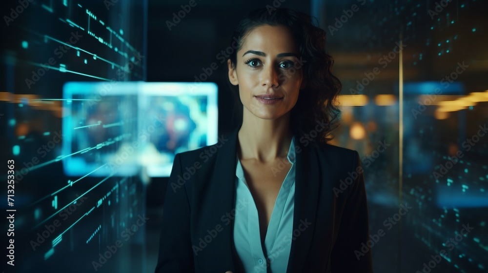 Professional Woman in Business Suit Standing in Office Setting, Women History Day
