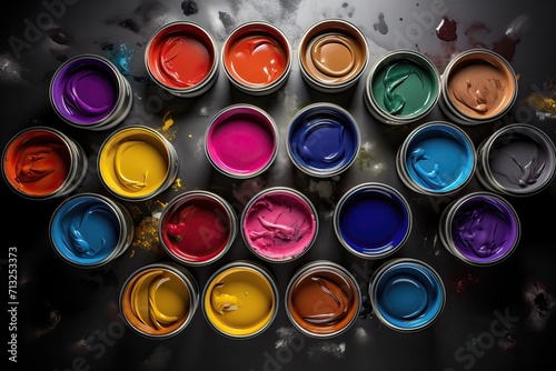 Open cans with multi-colored paints, top view