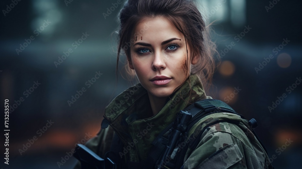 Female Soldier Gazes Into the Distance in Military Uniform, Women Day Female Soldier Gazes Into the Distance in Military Uniform, Women Day