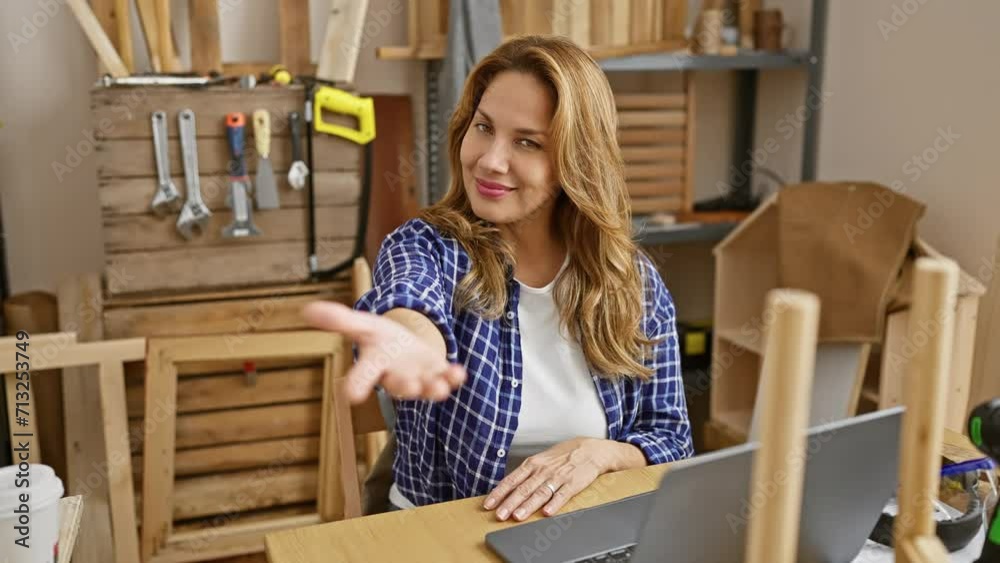 Bright-eyed young latin woman, all smiles, offering out a helping palm at her carpentry table – a gesture of friendly assistance and warm acceptance in her indoor woodwork studio. Bright-eyed young latin woman, all smiles, offering out a helping palm at her carpentry table – a gesture of friendly assistance and warm acceptance in her indoor woodwork studio.