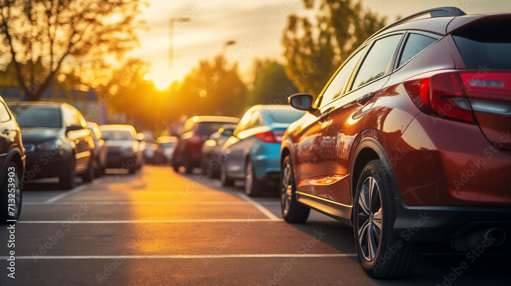 Car parked at outdoor parking lot. Used car for sale and rental service. Car insurance background. Automobile parking area