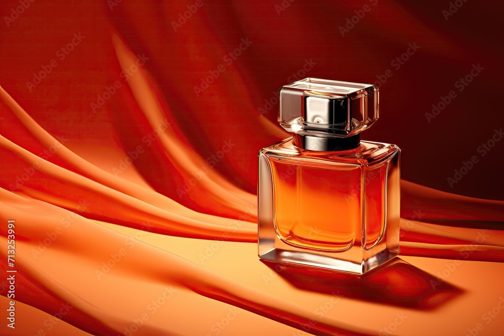 Beautiful bottle with perfume on a bright amber background Beautiful bottle with perfume on a bright amber background