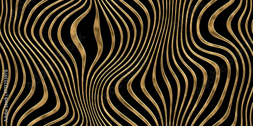 Seamless golden surreal Art Noveau wavy wonky vertical stripes pattern. Vintage warped vaporwave lines gold plated relief sculpture on black background. Trendy trippy luxury wallpaper. 3D rendering. photo