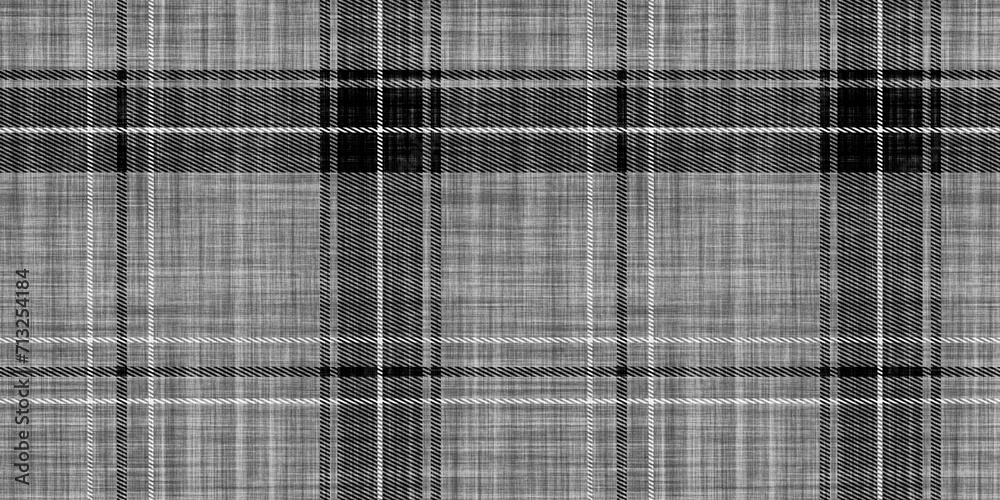 Seamless black and white gingham checker tartan fabric pattern. Contemporary traditional plaid fashion textile transparent overlay. Tablecloth or picnic blanket design background on linen texture.