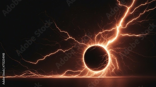 background with lightning This is an image of a black circle that emits orange lightning bolts in all directions, creating a striking visual effect of a powerful and mysterious source of energy. 