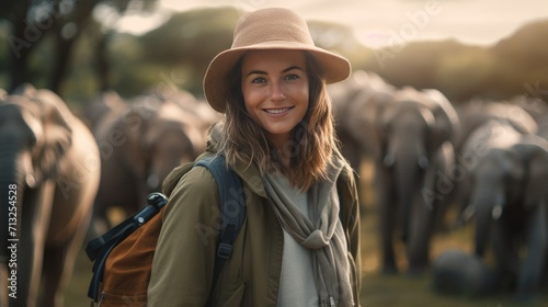 Woman Sitting on Rock, Observing Elephants in Natural Habitat, Earth Day