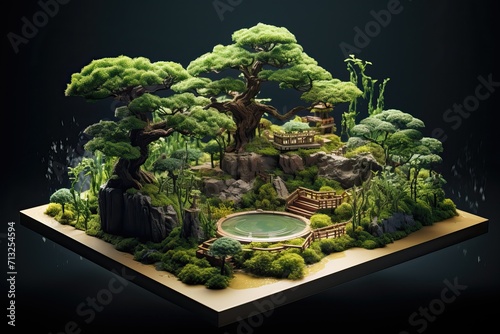 Cute miniature bonsai garden isometric view