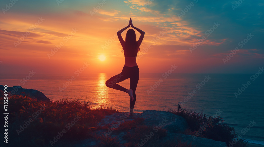 Full length of a smiling girl doing sports and yoga against the backdrop of sunset and sea