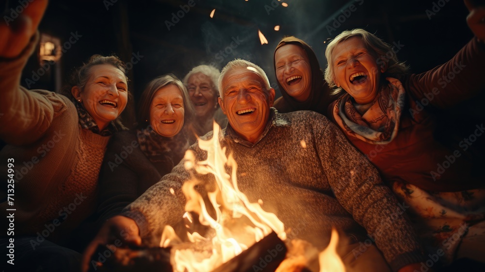 Group of People Sitting Around a Fire, Enjoying a Warm Evening Outdoors,Happy New Year