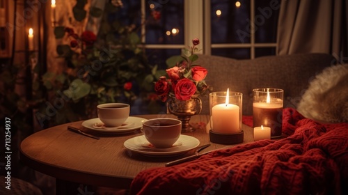  A cozy setting with a candlelit dinner table, capturing the intimate atmosphere of a romantic Valentine's Day celebration. 