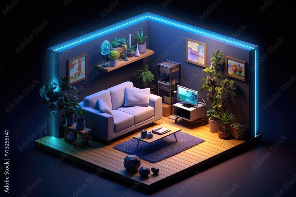 Naklejka premium Cute room with sofa and computer, neon style, isometric view