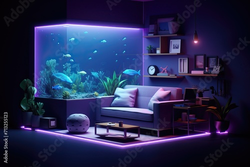 Cute room with sofa and computer  neon style  isometric view