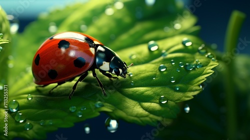 Ladybug Perched on Green Leaf in Close-Up Macro Shot, Spring