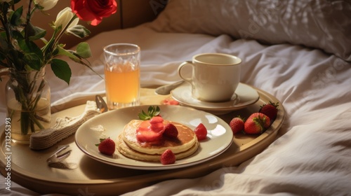 Lifestyle scenes of a romantic breakfast in bed with heart-shaped pancakes  strawberries  and flowers  evoking a sense of comfort and love. 