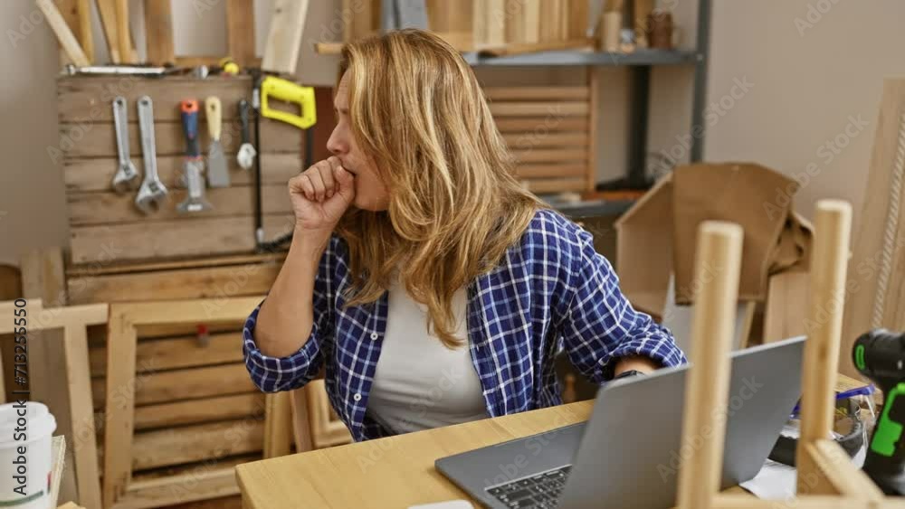 Beautiful young latin woman, burdened with cold or bronchitis, coughing while sitting at carpentry table - a poignant portrait of health care needs in the workplace. Beautiful young latin woman, burdened with cold or bronchitis, coughing while sitting at carpentry table - a poignant portrait of health care needs in the workplace.