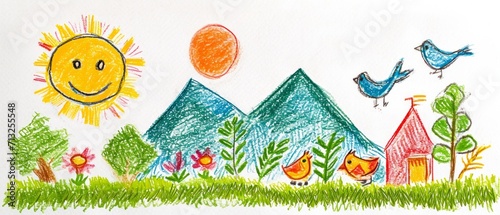 A naive children s drawing with colored chalk on white paper  made by hand by a child  shows a mountain  a sun  birds and a house isolated on white background