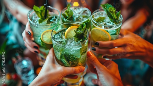 Top image of a cocktail bar restaurant with keen female hands holding mojito drink glasses, Generative AI.