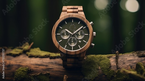 Wooden Watch Resting on Tree Branch, Nature and Time Combined, Earth Day