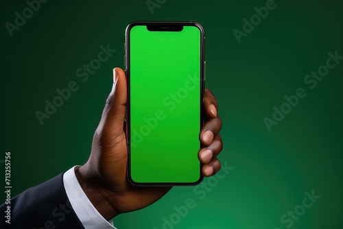 Hands holding phone with green background