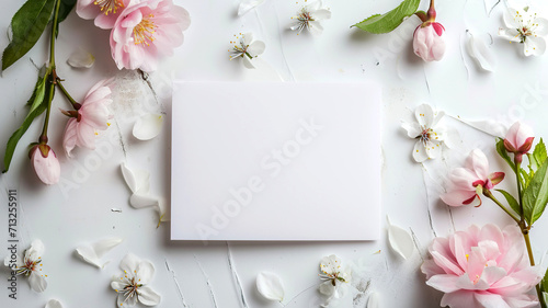 Mockup of white stationery card on white table with frame of spring white and pink flowers. Greeting card template with blank letterhead in the center and delicate spring cherry blossoms, peach. photo