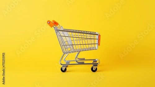 Yellow Shopping Cart Isolated on Blue Background, Minimal Flat Lay with Copyspace for Your Text or Message, Promotional Content Available.