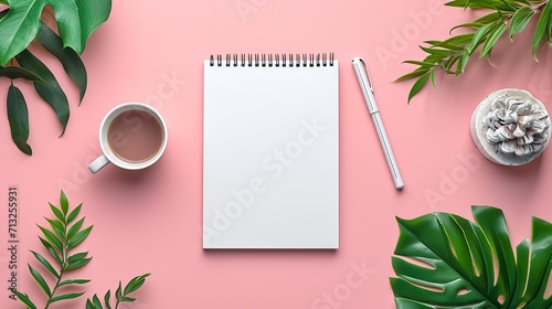 Top view of a peach backdrop with a blank notebook on a desktop workplace, space, Generative AI. photo