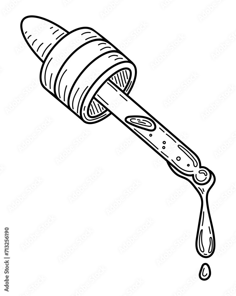 Pipette with drop liquid sketch. Cosmetic medical object. Hand drawn line art illustration.