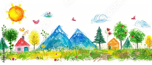 A naive children's drawing with colored chalk on white paper, made by hand by a child, shows a mountain, a sun, birds and a house isolated on white background