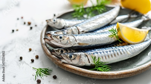 Top view of a plate of raw sardine with a big copy space, Generative AI. photo