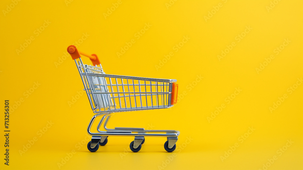 Yellow Shopping Cart Isolated on Blue Background, Minimal Flat Lay with Copyspace for Your Text or Message, Promotional Content Available. Yellow Shopping Cart Isolated on Blue Background, Minimal Flat Lay with Copyspace for Your Text or Message, Promotional Content Available.