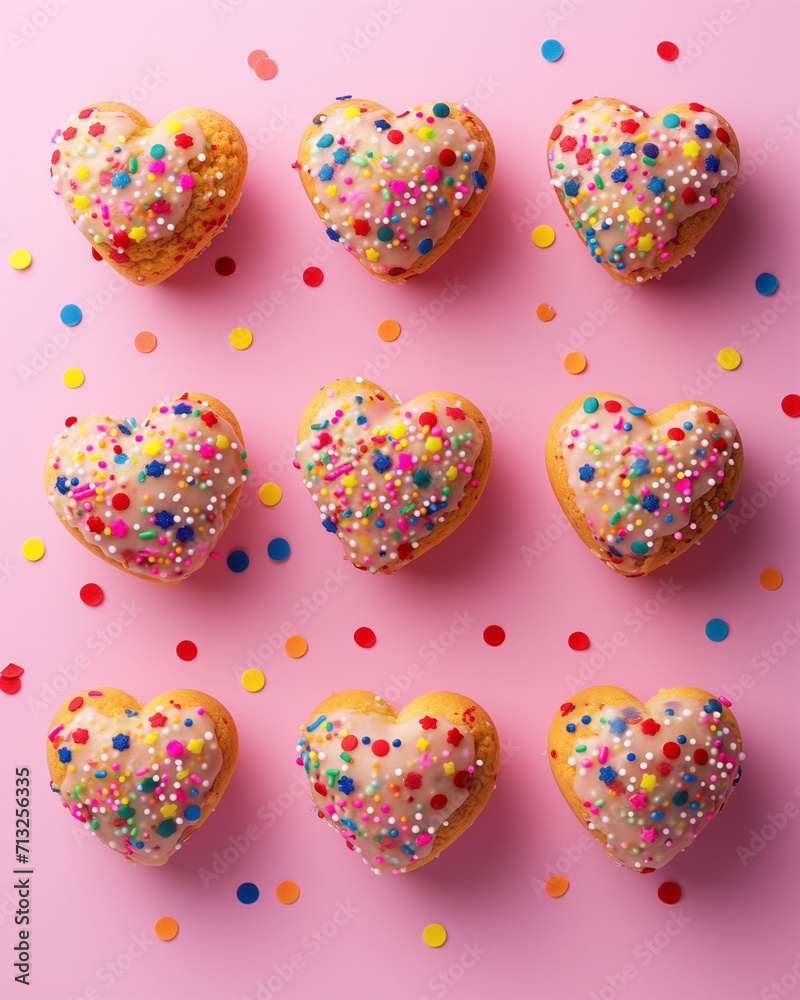 Muffins shaped like hearts with colorful sprinkles arranged on a pink background in the style of photography installations, advertising-inspired. Love and women's day background